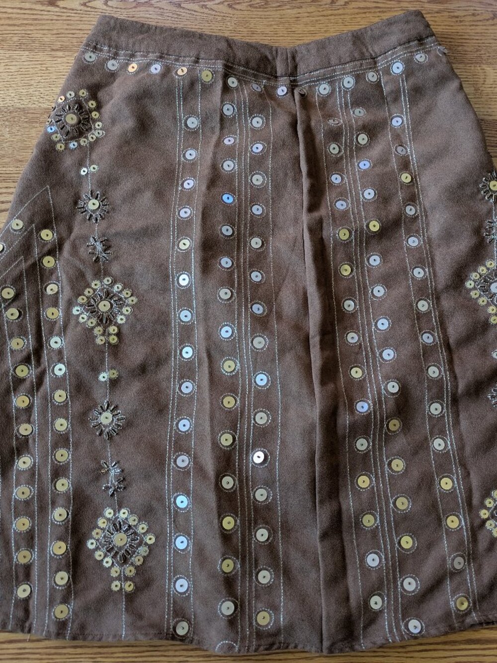 Vintage carol little boho faux suede brown long skirt with sequins/beads #764
